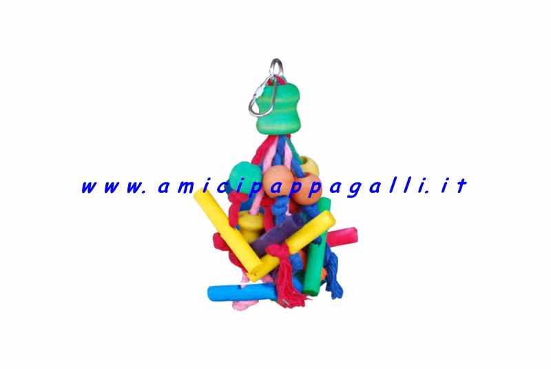 Gioco in legno e corda sisal annodata a grappolo d’uva per pappagalli, pappagallini, canarini, inseparabili, tutti gli uccelli