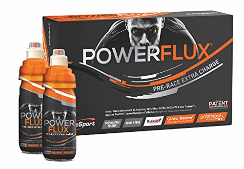EthicSport – PowerFlux – Confezione da 5 flaconi x 85 ml – Integratore alimentare di Arginina, Citrullina, Vit. B3, Vit. E, Vit. C con Trubeettm, Cluster Dextrin®, Isomaltulosio e Caffeina (150 mg/85 ml)