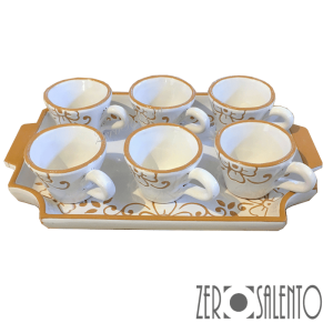 Set Tazzine da Caffè con Vassoio in Terracotta Ceramica bianca decoro a incisione