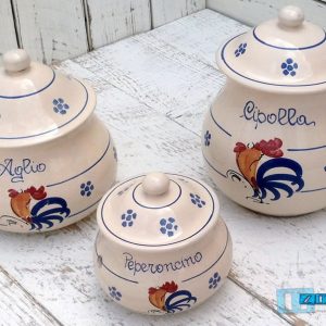 Contenitore Aglio – Peperoncino – Cipolla – Origano in Terracotta – Ceramica decoro Gallo