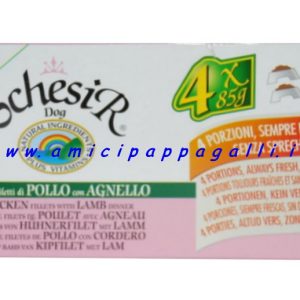 Schesir dog filetti Pollo con Agnello 4x 85g – cibo umido cane Porzioni multipack